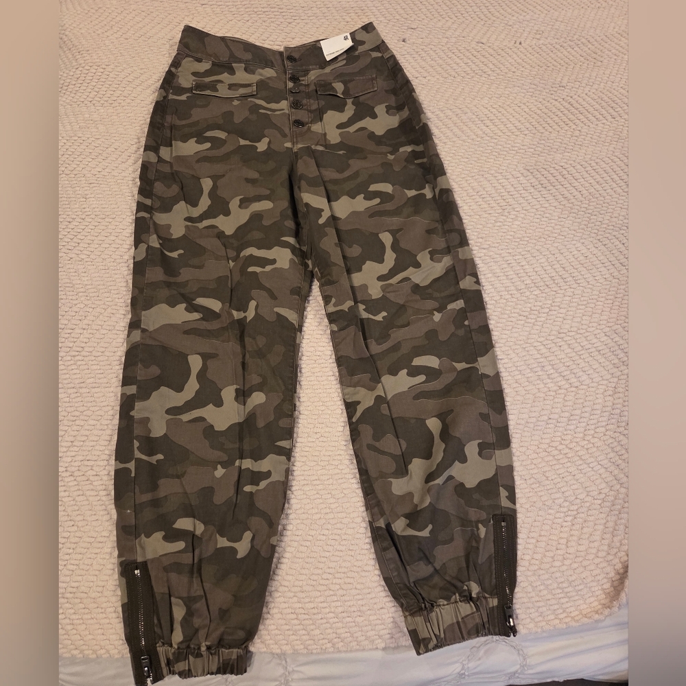 Express Camouflage High-Rise Pants with Button Detail